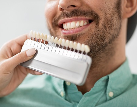 a dentist holding up a shade chart in front of a man’s mouth
